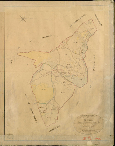 Brosville. Tableau d'assemblage _ du Plan Parcellaire de la Commune du Brosville _ Canton de Evreux (nord) - Evreux - Eure. _ Terminé sur le Terrain le 29 Janvier 1843 , sous l'administration de M. de Monicault, Préfet _ M. Martinot, Maire _ sous la Direction de M. Garnier, Directeur des Contributions directes _ M. Le Fébure, Géomètre en Chef. _ Par M. Gérard, Géomètre de 1re classe.
