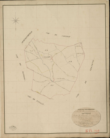 Gauville-près-Verneuil. Tableau d'assemblage _ du Plan Parcellaire de la Commune de Gauville _ Canton de Verneuil - Evreux - Eure. _ Terminé sur le Terrain le 31 Aout 1835, sous l'administration de M. A. Passy, Préfet _ M. Pescheur, Maire _ et sous la Direction de M. Marel, Directeur des Contributions directes _ M. Le Fébure, Géomètre en Chef. _ Par M. Canu, Géomètre de 1re classe.