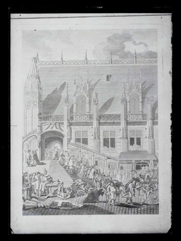 Lithographie représentant le peuple révolutionnaire sur les marches du Palais de justice de Rouen (Seine-Maritime).