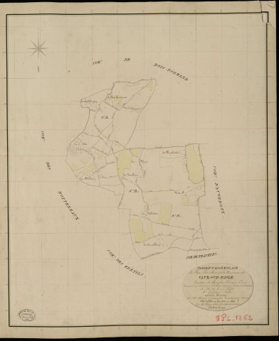 Vaux-sur-Risle. Tableau d'assemblage _ du Plan Parcellaire de la Commune de Vaux sur Risle _ Canton de Rugles - Evreux - Eure. _ Terminé sur le Terrain le 5 Aout 1834, sous l'administration de M. A Passy, Préfet _ M. Geferlain, Maire _ et sous la Direction de M. Marel, Directeur des Contributions directes _ M. Le Fébure, Géomètre en Chef. _ Par M. Charpentier, Géomètre de 1re classe.