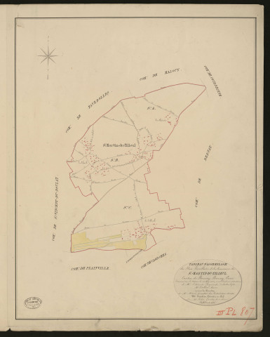 Saint-Martin-du-Tilleul. Tableau d'assemblage _ du Plan Parcellaire de la Commune de St Saint-Martin-du-Tilleul _ Canton de Bernay - Bernay - Eure. _ Terminé sur le terrain le 25 mai 1830, sous l'administration de M. Le Vicomte Raymond Delaître, Préfet _ M. Letellier, maire _ en sous la Direction de M. Marel, Directeur des Contributions directes. _ M. Hautier, Géomètre en Chef. _ Par M. Folin, Géomètre de 1re classe.