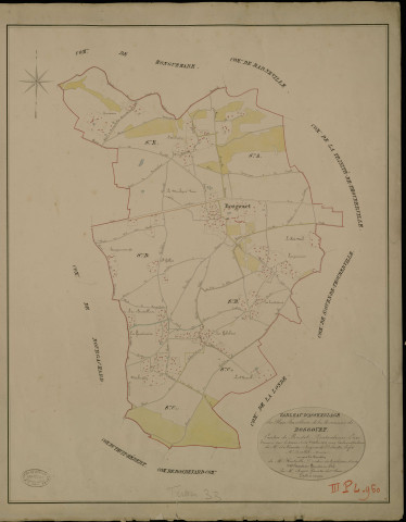 Bosgouet. Tableau d'assemblage _ du Plan Parcellaire de la Commune de Bosgouet _ Canton de Routot - Pontaudemer - Eure. _ Terminé sur le Terrain le 30 Octobre 1826 , sous l'administration de M.Le Vicomte Raymond Delaitre, Préfet _ M. Dallet, maire _ sous la Direction de M.Hurtrelle, Directeur des Contributions directes _ M. Hautier, Géomètre en Chef. _ Par M. Roger, Géomètre de 1re classe.