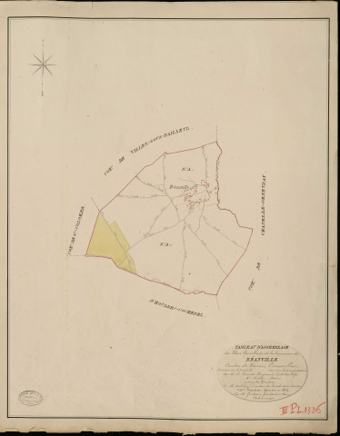 Réanville. Tableau d'assemblage _ du Plan Parcellaire de la Commune de Réanville _ Canton de Vernon - Evreux - Eure. _ Terminé sur le Terrain en 1825, sous l'administration de M. Le Vicomte Raymond Delaitre, Préfet _ M. Pichou, Maire _ et sous la Direction de M. Aubelin, Directeur des Contributions directes _ M. Hautier, Géomètre en Chef. _ Par M. Gondouin, Géomètre de 1re classe.