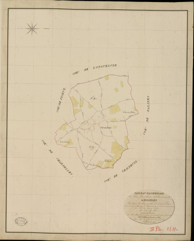 Grosbois. Tableau d'assemblage _ du Plan Parcellaire de la Commune de Grosbois _ Canton de Verneuil - Evreux - Eure. _ Terminé sur le Terrain le 31 Mars 1836, sous l'administration de M. A. Passy, Préfet _ M. Abrouty, Maire _ et sous la Direction de M. Marel, Directeur des Contributions directes _ M. Le Fébure, Géomètre en Chef. _ Par M. Lenglet, Géomètre de 1re classe.