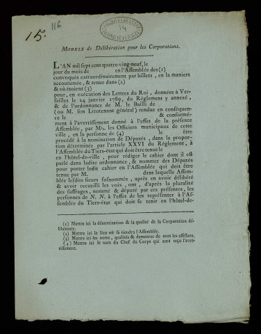 Modèle de délibération pour les corporations, modèle d'assignation à donner aux ecclésiastiques et modèle de délibération pour les élections dans le clergé, modèle de procuration.