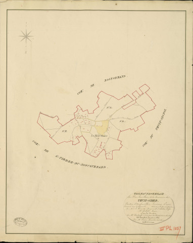 Thuit-Simer (Le). Tableau d'assemblage _ du Plan Parcellaire de la Commune de Thuit-Simer _ Canton d'Amfreville - Louviers - Eure. _ Terminé sur le Terrain en 1828 , sous l'administration de M. Le Vicomte Raymond Delaître , Préfet _ M. Godet, Maire _ sous la Direction de M.Hurtrelle, Directeur des Contributions directes _ M. Hautier, Géomètre en Chef. _ Par M. Canu, Géomètre de 1re classe.