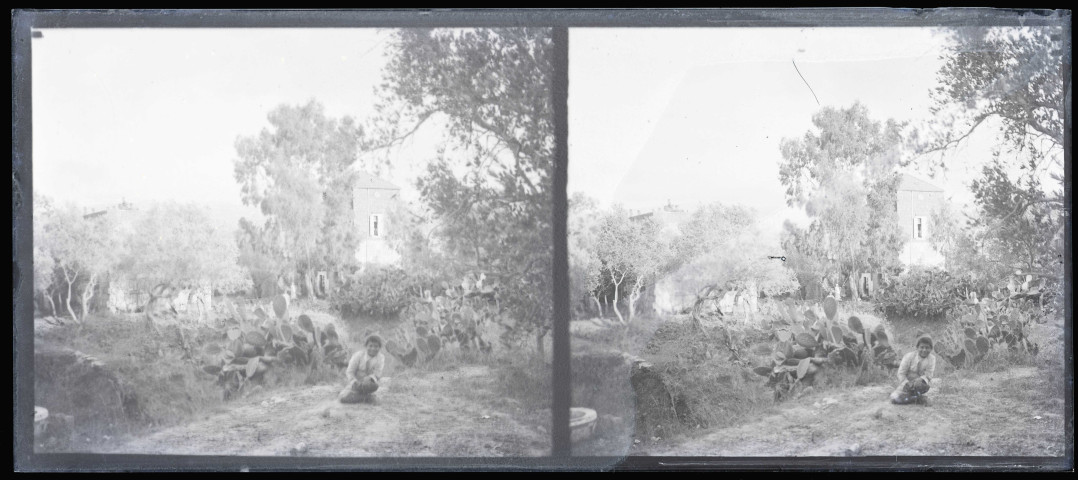 Enfant assis dans un jardin.