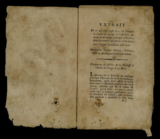 Procès-verbal imprimé : Extrait de ce qui s'est passé dans la Chambre de l'ordre du Clergé à l'Assemblée générale du bailliage principal le 16 mars 1789.