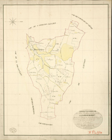 Poterie-Mathieu (La). Tableau d'assemblage _ du Plan Parcellaire de la Commune de la-Poterie-Mathieu _ Canton de St Georges-du-Vièvre - Pontaudemer - Eure. _ Terminé sur le Terrain le 12 mai 1838 , sous l'administration de M. de Monicault, Préfet _ M. Quesney, Maire _ sous la Direction de M.Garnier, Directeur des Contributions directes _ M. Le Fébure, Géomètre en Chef. _ Par M. Canu, Géomètre de 1re classe.