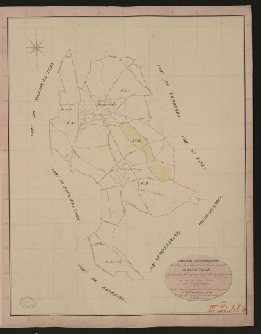Renneville. Tableau d'assemblage du Plan Parcellaire de la Commune de Renneville. _ Canton de Fleury-sur-Andelle - Andelys - Eure. _ Terminé sur le terrain le 27 avril 1836, sous l'administration de M. A. Passy, Préfet - M. Lebeaubé, Maire et sous la direction de M. Marel, Directeur des Contributions directes. _ M. Le Fébure, Géomètre en Chef. _ Par M. Drouet, Géomètre de 1re classe