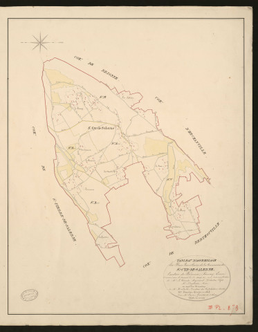 Saint-Cyr-de-Salerne. Tableau d'assemblage _ du Plan Parcellaire de la Commune de Saint-Cyr-de-Salerne _ Canton de Brionne - Bernay - Eure. _ Terminé sur le Terrain le 1 avril 1827, sous l'administration de M.le Vicomte Raymond Delaitre, Préfet _ M. Duplessis, Maire _ en sous la Direction de M. Hurtrelle, Directeur des Contributions directes _ M. Hautier, Géomètre en Chef. _ Par M. Canu, Géomètre de 1re classe.