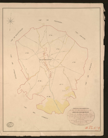 Fresne-l'Archevêque. Tableau d'assemblage du Plan Parcellaire de la Commune de Fresne-l'Archevêque. _ Canton des Andelys - Andelys - Eure. _ Terminé sur le terrain le 28 août 1828, sous l'administration de M. Le Vicomte Raymond Delaitre, Préfet - M. Delaisement, Maire et sous la direction de M. Hurtelle, Directeur des Contributions directes. _ - M. Hautier, Géomètre en chef. _ Par M. Canu, Géomètre de 1re classe