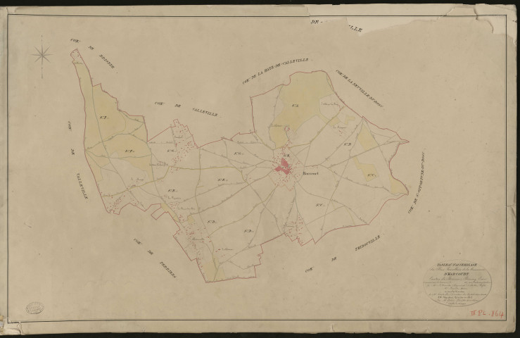 Harcourt. Tableau d'assemblage du Plan Parcellaire de la Commune d'Harcourt. _ Canton de Brionne - Bernay - Eure. _ Terminé sur le terrain en 1827, sous l'administration de M. Le Vicomte Raymond Delaitre, Préfet - M. Lecomte, Maire et sous la direction de M. Hurtelle, Directeur des Contributions directes. _ M. Hautier, Géomètre en Chef. _ Par M. Girard, Géomètre de 1re classe