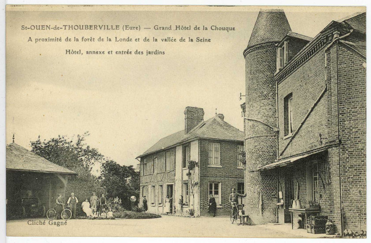 Saint-Ouen-de-Thouberville. Grand Hôtel de la Chouque. A proximité de la forêt de la Londe et de la vallée de la Seine. Hôtel, annexe et entrée des jardins.