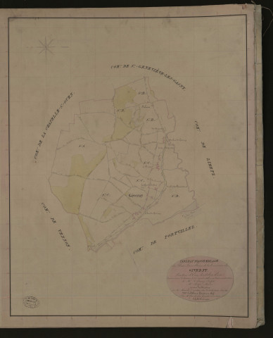 Giverny. Tableau d'assemblage du Plan Parcellaire de la Commune de Giverny. _ Canton d'Ecos - Andelys - Eure. _ Terminé sur le terrain le 10 décembre 1836, sous l'administration de M. A Passy, Préfet - M. Roze, Maire et sous la direction de M. Marel, Directeur des Contributions directes. _ M. Le Fébure, Géomètre en Chef. _ Par M. Gondouin, Géomètre de 1re classe