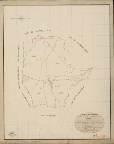 Serez. Tableau d'assemblage _ du Plan Parcellaire de la Commune de Serez _ Canton de Saint André - Evreux - Eure. _ Terminé sur le Terrain le 12 Octobre 1836, sous l'administration de M. Passy, Préfet _ M. Chedeville, Maire _ et sous la Direction de M. Marel, Directeur des Contributions directes _ M. Le Fébure, Géomètre en Chef. _ Par M. Drouet, Géomètre de 1re classe.