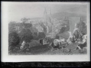Lithographie représentant une vue de Caudebec-en-Caux (Seine-Maritime) prise des hauteurs du faubourg Saint-Clair.