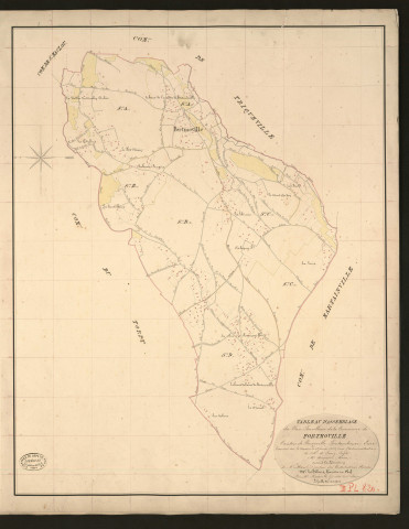 Fort-Moville. Tableau d'assemblage _ du Plan Parcellaire de la Commune de Fort-Moville _ Canton de Beuzeville - Pontaudemer - Eure. _ Terminé sur le terrain le 28 février 1834, sous l'administration de M. A Passy, Préfet _ M. Avequin, maire _ en sous la Direction de M. Marel, Directeur des Contributions directes. _ M. Le Fébure, Géomètre en Chef. _ Par M. Renault, Géomètre de 1re classe.