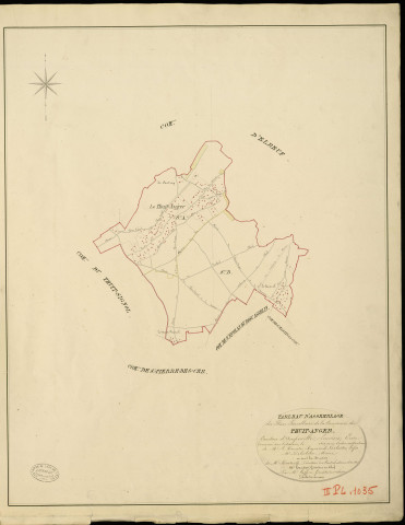 Thuit-Anger (le). Tableau d'assemblage _ du Plan Parcellaire de la Commune de Thuit-Anger _ Canton d'Amfreville - Louviers - Eure. _ Terminé sur le Terrain en 1828 , sous l'administration de M. Le Vicomte Raymond Delaître , Préfet _ M. Delaleau, Maire _ sous la Direction de M.Hurtrelle, Directeur des Contributions directes _ M. Hautier, Géomètre en Chef. _ Par M. Caffin, Géomètre de 1re classe.
