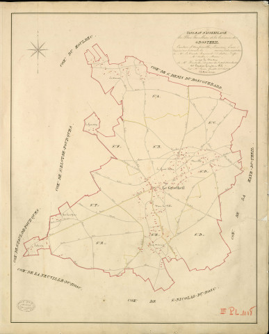Gros-Theil (Le). Tableau d'assemblage _ du Plan Parcellaire de la Commune du Grostheil _ Canton d'Amfreville - Louviers - Eure. _ Terminé sur le Terrain en 1828 , sous l'administration de M. Le Vicomte Raymond Delaître , Préfet _ M. Assire, Maire _ sous la Direction de M.Hurtrelle, Directeur des Contributions directes _ M. Hautier, Géomètre en Chef. _ Par M. Canu, Géomètre de 1re classe.