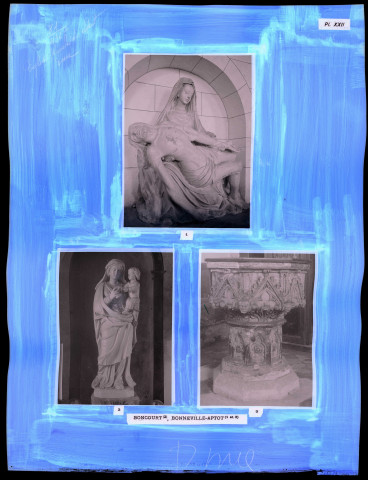 "Églises rurales du département de l'Eure" du chanoine Bonnenfant tome I, planche XXII Boncourt (Eure) et Bonneville-Aptot (Eure).