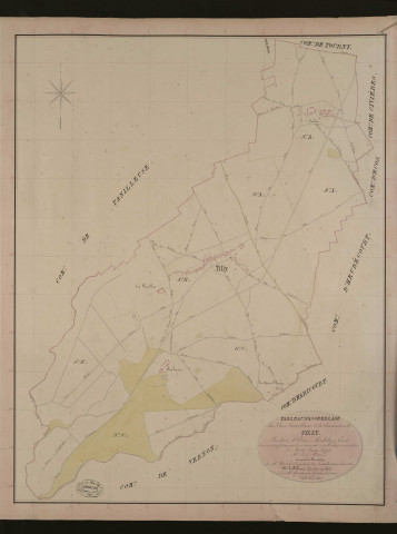 Tilly. Tableau d'assemblage du Plan Parcellaire de la Commune de Tilly. _ Canton d'Ecos - Andelys - Eure. _ Terminé sur le terrain le 23 Juin 1836, sous l'administration de M. A Passy, Préfet - M. Lecellier, Maire et sous la direction de M. Marel, Directeur des Contributions directes. _ M. Le Fébure, Géomètre en Chef. _ Par M. Gondouin, Géomètre de 1re classe