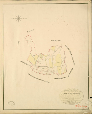 Saint-Martin-la-Corneille. Tableau d'assemblage _ du Plan Parcellaire de la Commune de Saint-Martin-la-Corneille _ Canton d'Amfreville - Louviers - Eure. _ Terminé sur le Terrain en 1828 , sous l'administration de M. Le Vicomte Raymond Delaître , Préfet _ M. d'Epaignes de Plancheville, Maire _ sous la Direction de M.Hurtrelle, Directeur des Contributions directes _ M. Hautier, Géomètre en Chef. _ Par M. Gérard, Géomètre de 1re classe.