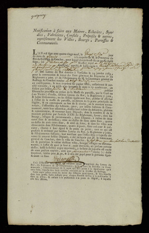 Notifications isolées adressées aux paroisses de Gaprée (Orne), La Houssaye, Mesnil-Vicomte (com. de Louversey), Saint-Pierre-du-Bosguérard.