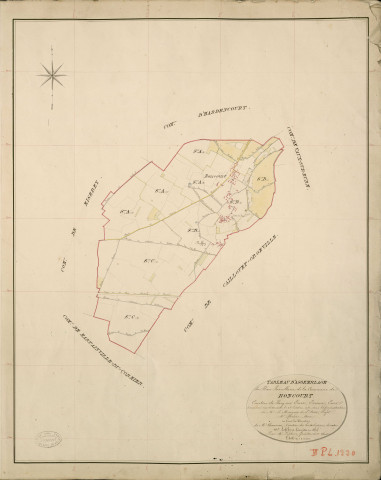 Boncourt. Tableau d'assemblage _ du Plan Parcellaire de la Commune de Boncourt _ Canton de Pacy sur Eure - Evreux - Eure. _ Terminé sur le Terrain le 26 Octobre 1852, sous l'administration de M. Le Marquis de Ste Croix, Préfet _ M. Barbier, Maire _ et sous la Direction de M. Chauveau, Directeur des Contributions directes _ M. Lefébure, Géomètre en Chef. _ Par M. Lefebure, Géomètre de 1re classe.