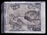 Plafond de la chapelle Sixtine du Vatican (Italie) représentant la création d'Adam par Michel-Ange.
