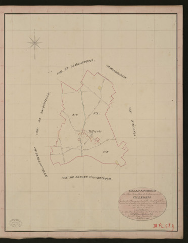 Villerets. Tableau d'assemblage du Plan Parcellaire de la Commune de Villerets. _ Canton de Fleury-sur-Andelle - Andelys - Eure. _ Terminé sur le terrain le 10 juillet 1835, sous l'administration de M. A. Passy, Préfet - M. Canu, Maire et sous la direction de M. Marel, Directeur des Contributions directes. _ M. Le Fébure, Géomètre en Chef. _ Par M. Canu, Géomètre de 1re classe