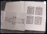 Gravures extraites des chroniques de France, représentant le plan de la cathédrale de Lisieux (Calvados) et des saints.