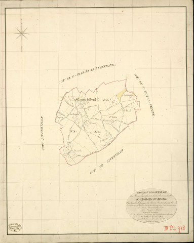 Saint-Georges-du-Mesnil. Tableau d'assemblage _ du Plan Parcellaire de la Commune de St Georges-du-Mesnil _ Canton de St Georges-du-Vièvre - Pontaudemer - Eure. _ Terminé sur le Terrain le 1 Septembre 1838 , sous l'administration de M. de Monicault, Préfet _ M. Pauger, Maire _ sous la Direction de M.Garnier, Directeur des Contributions directes _ M. Le Fébure, Géomètre en Chef. _ Par M. Ledanois, Géomètre de 1re classe.
