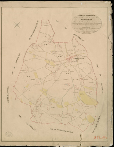 Bourg-Achard. Tableau d'assemblage _ du Plan Parcellaire de la Commune de Bourgachard _ Canton de Routot - Pontaudemer - Eure. _ Terminé sur le Terrain le 15 décembre 1826 , sous l'administration de M.Le Vicomte Raymond Delaitre, Préfet _ sous la Direction de M.Hurtrelle, Directeur des Contributions directes _ M. Hautier, Géomètre en Chef. _ Par M. Roger, Géomètre de 1re classe.