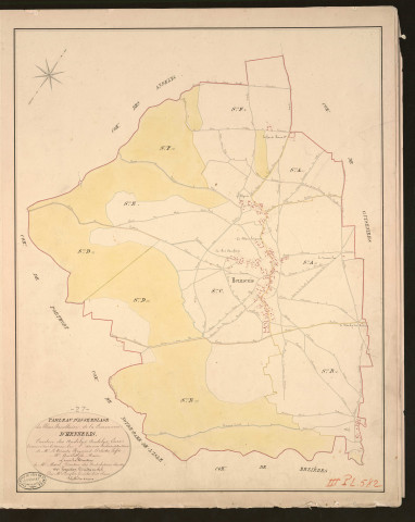 Hennezis. Tableau d'assemblage du Plan Parcellaire de la Commune d'Hennezis. _ Canton des Andelys - Andelys - Eure. _ Terminé sur le terrain en 1830, sous l'administration de M. Le Vicomte Raymond Delaitre, Préfet - M. Quillet fils, Maire et sous la direction de M. Marel, Directeur des Contributions directes. _ - M. Hautier, Géomètre en chef. _ Par M. Lenglet, Géomètre de 1re classe