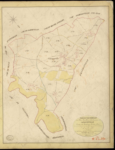 Canappeville. Tableau d'assemblage _ du Plan Parcellaire de la Commune de Canappeville _ Canton de Neubourg - Louviers - Eure. _ Terminé sur le Terrain le 25 Septembre 1845, sous l'administration de M. Zédé, Préfet _ M. Auzoux, Maire _ et sous la Direction de M. Violas de Martigny, Directeur des Contributions directes _ M. Le Fébure, Géomètre en Chef. _ Par M. Boullenger, Géomètre de 1re classe.