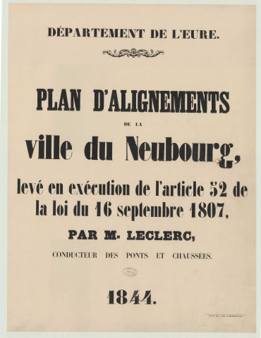 Neubourg (Le) _ Atlas "Plan d'alignements de la ville du Neubourg".