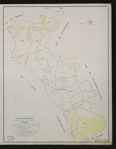 Noyer-en-Ouche (Le). Tableau d'assemblage _ du Plan Parcellaire de la Commune de Noyer. _ Canton de Beaumesnil - Bernay - Eure. _ Terminé sur le terrain le 23 mai 1833 sous l'administration de M. A. Passy, Préfet _ M.Rouillon maire _ en sous la Direction de M. Marel, Directeur des Contributions directes. _ M. Le Fébure, Géomètre Chef. _ Par M. Letailleur, Géomètre de 1re classe.