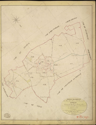 Iville. Tableau d'assemblage _ du Plan Parcellaire de la Commune d'Iville _ Canton de Neubourg - Louviers - Eure. _ Terminé sur le Terrain le 27 Octobre 1845, sous l'administration de M. Zédé, Préfet _ M. Lefebure, Maire _ et sous la Direction de M. Garnier, Directeur des Contributions directes _ M. Le Fébure, Géomètre en Chef. _ Par M. Lenglet, Géomètre de 1re classe.