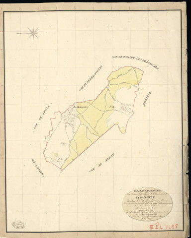 Boissière (La). Tableau d'assemblage _ du Plan Parcellaire de la Commune de la Boissière _ Canton de Saint André - Evreux - Eure. _ Terminé sur le Terrain le 3 Octobre 1836, sous l'administration de M. Passy, Préfet _ M. Hérouard, Maire _ et sous la Direction de M. Marel, Directeur des Contributions directes _ M. Le Fébure, Géomètre en Chef. _ Par M. Pizier, Géomètre de 1re classe.