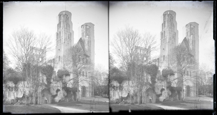 Tour et pignons des ruines et vestiges de l'abbaye de Jumièges (Seine-Maritime).