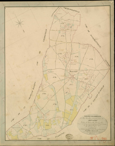 Drucourt. Tableau d'assemblage _ du Plan Parcellaire de la Commune de Drucourt _ Canton de Thiberville - Bernay - Eure. _ Terminé sur le Terrain le 28 Novembre 1846 , sous l'administration de M. Petit de Bantel, Préfet _ M. Conard, Maire _ sous la Direction de M.Violas de Martigny, Directeur des Contributions directes _ M. Le Fébure, Géomètre en Chef. _ Par M. Boullenger, Géomètre de 1re classe.
