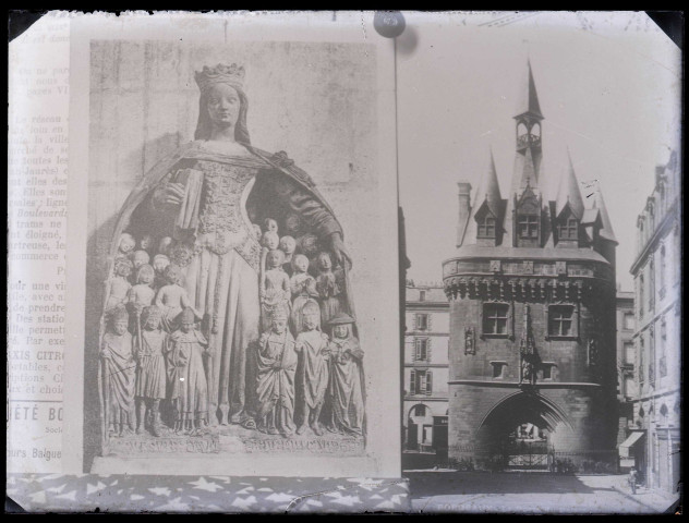Façade du Palais de l'Ombrière à Bordeaux (Gironde) et représentation d'une Vierge.