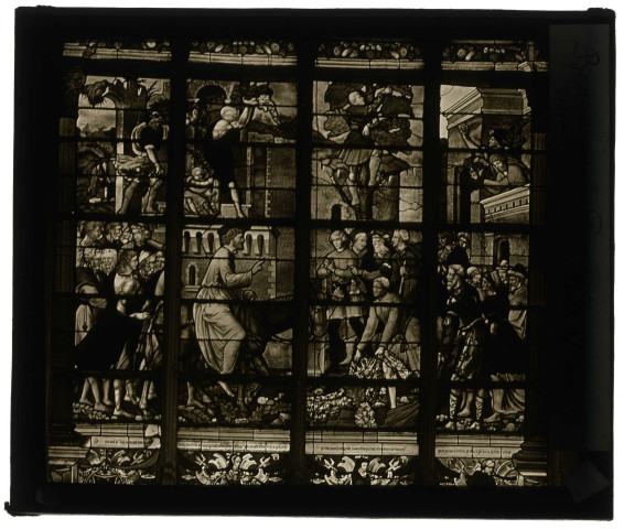 Église Saint-Nicolas de Beaumont-le-Roger (Eure), troisième verrière bas-côté nord, entrée du Christ à Jérusalem (Israël).