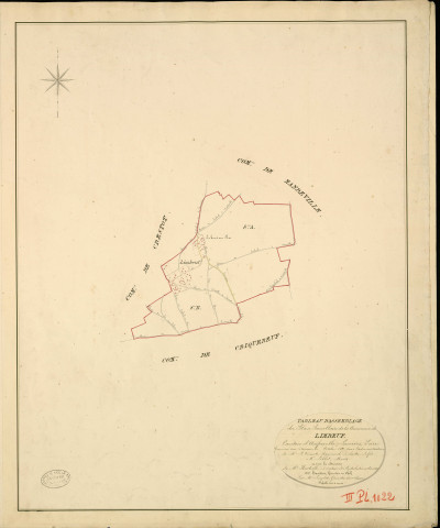 Limbeuf. Tableau d'assemblage _ du Plan Parcellaire de la Commune de Limbeuf _ Canton d'Amfreville - Louviers - Eure. _ Terminé sur le Terrain en Octobre 1829 , sous l'administration de M. Le Vicomte Raymond Delaître , Préfet _ M. Lebret, Maire _ sous la Direction de M.Hurtrelle, Directeur des Contributions directes _ M. Hautier, Géomètre en Chef. _ Par M. Lenglet, Géomètre de 1re classe.