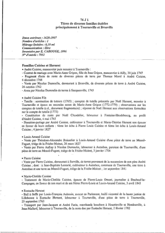 Titres de familles établies principalement à Tourneville et Brosville